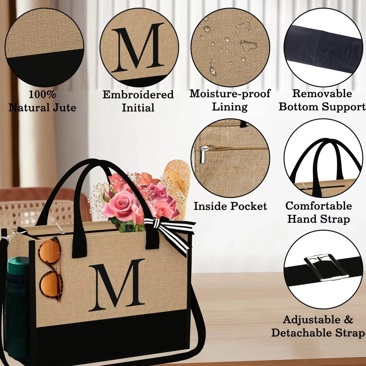 Jute Tote Bag with Makeup Bag with Zipper Adjustable Strap L610