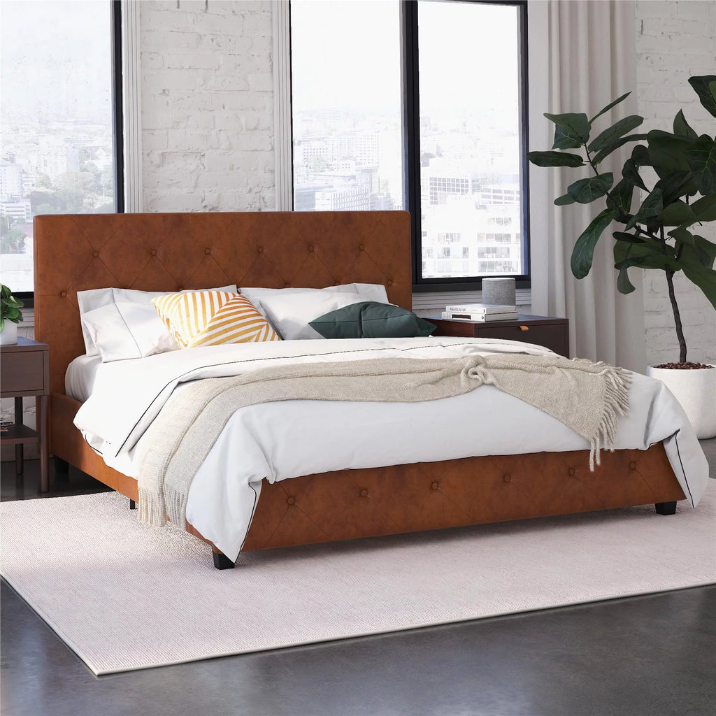 Queen Camel Faux Leather Upholstered Platform Bed P109601