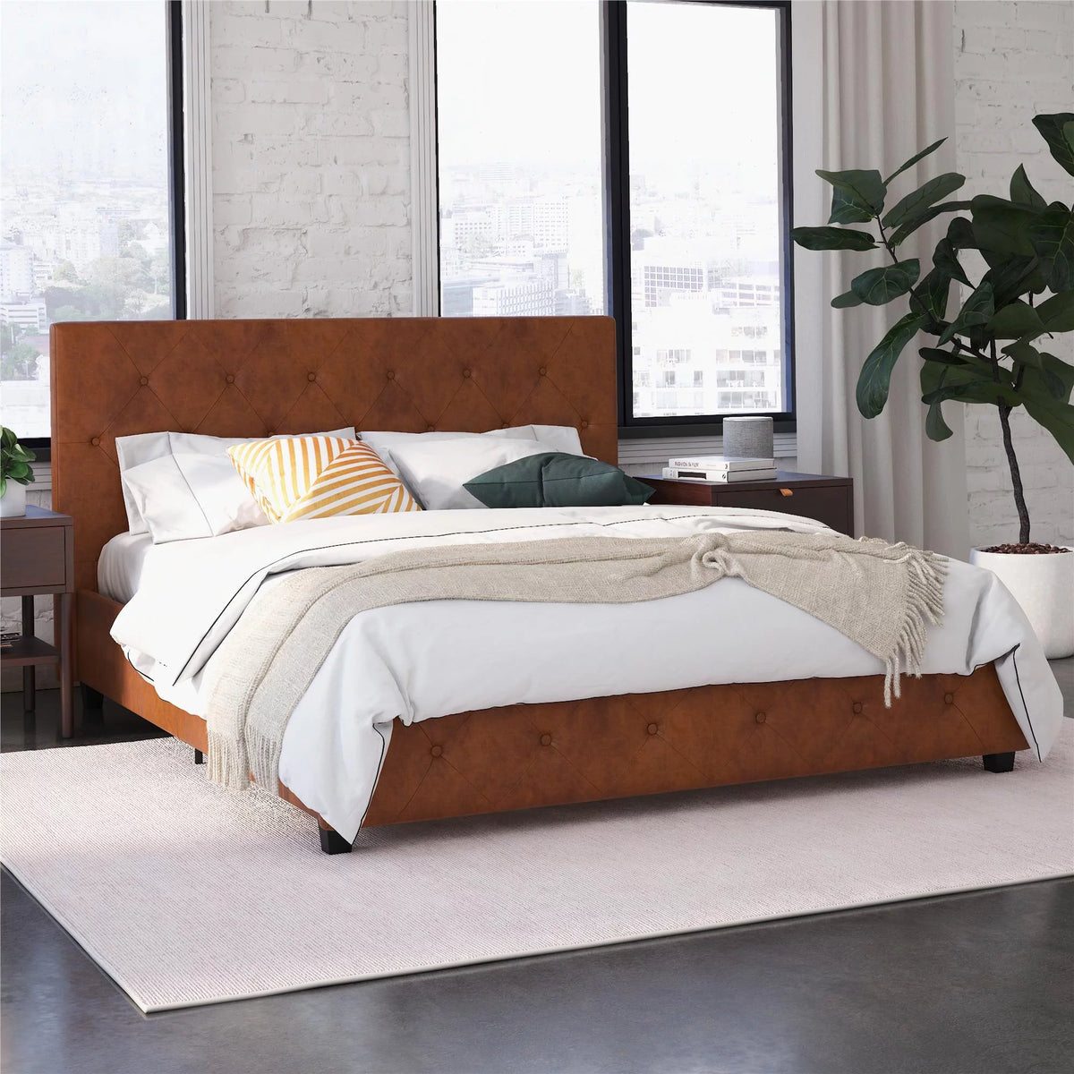 Queen Camel Faux Leather Upholstered Platform Bed P109601