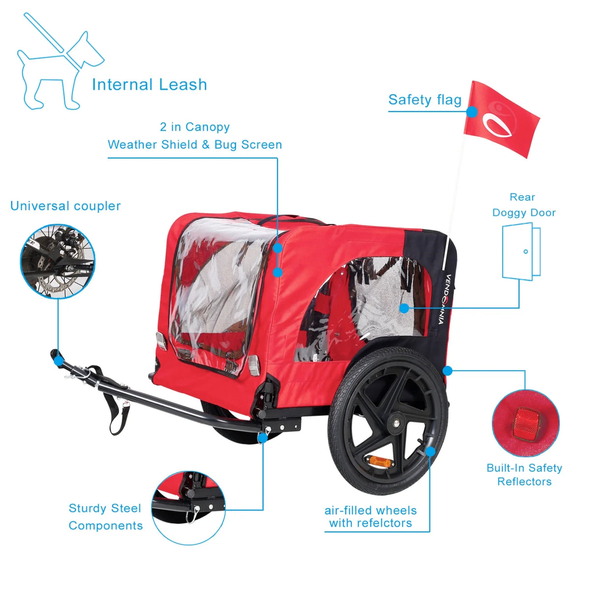 Foldable Dog Bicycle Trailer with Reflectors and Safety Flag Red C837407