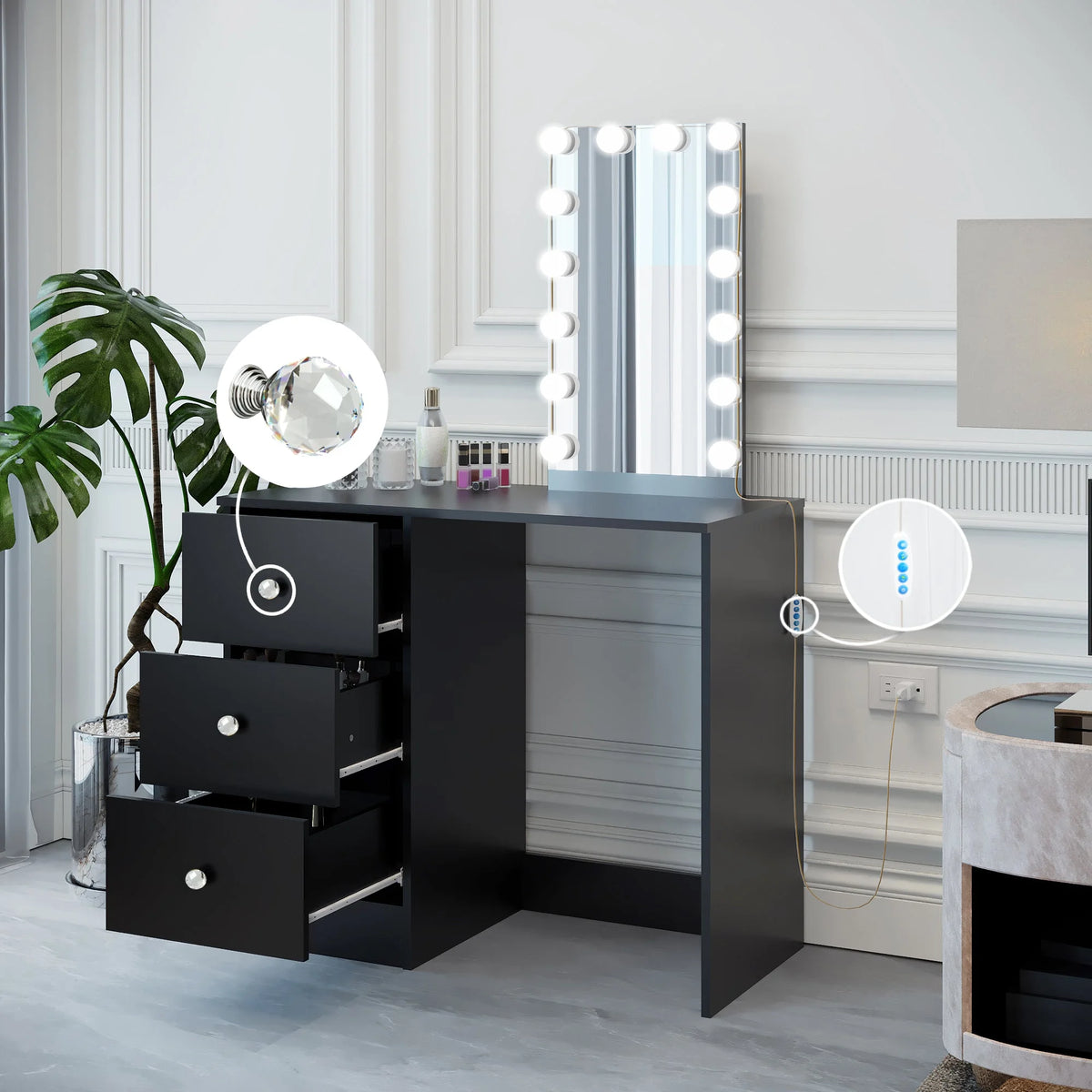 Black Dressing Table with Light Bulbs P319