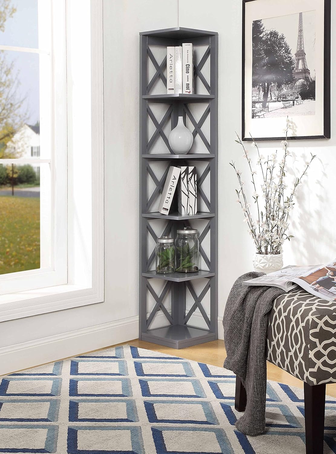 5 Tier Corner Bookcase, Gray J777036