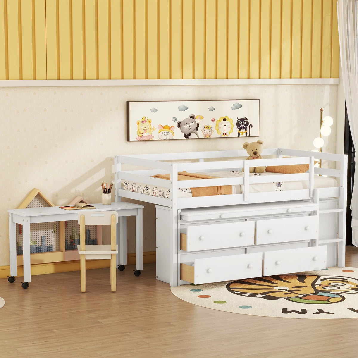 Twin Size White Wooden Loft Bed with Desk and 4 Drawers K5679
