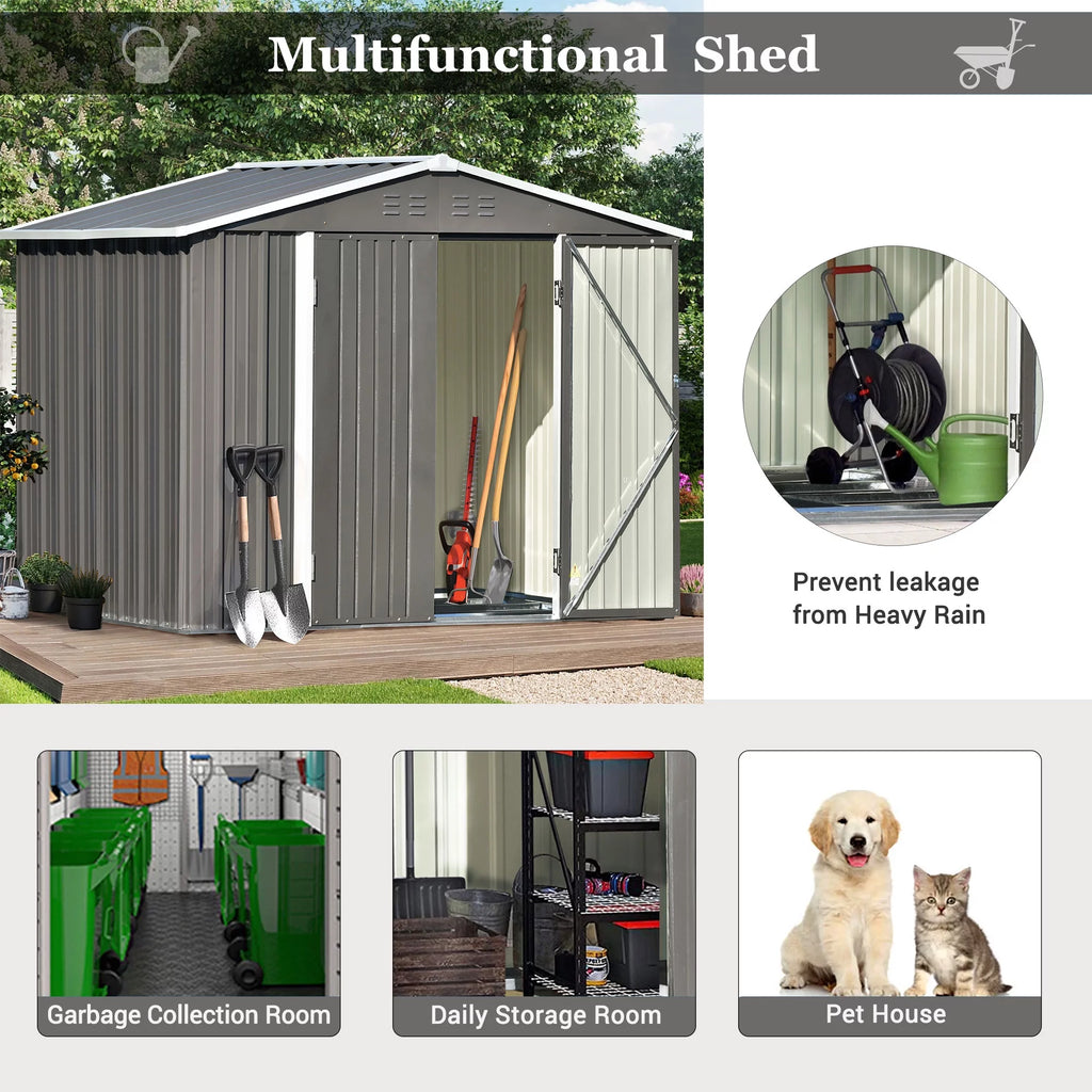 8' x 6' Galvanized Steel Outdoor Storage Shed with Lockable Doors and Adjustable Shelves P6825