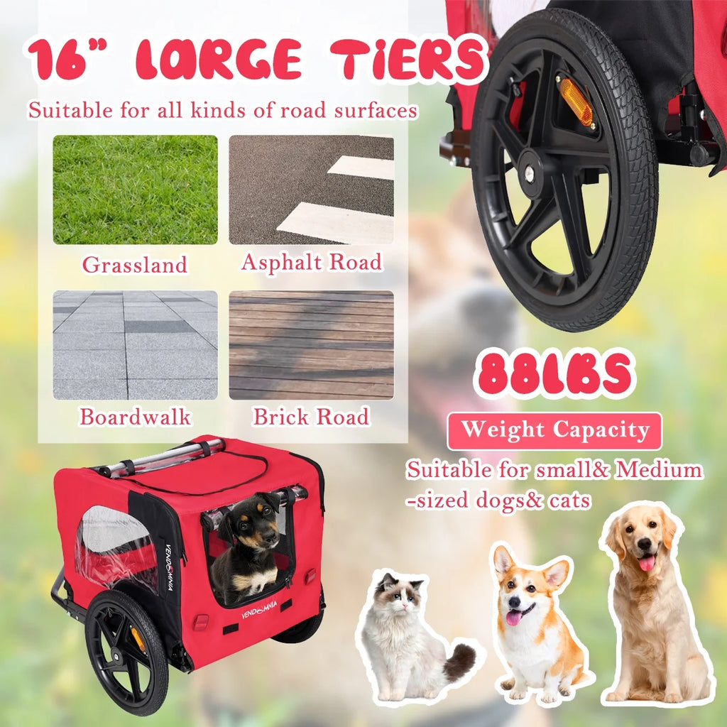 Foldable Dog Bicycle Trailer with Reflectors and Safety Flag Red C837407